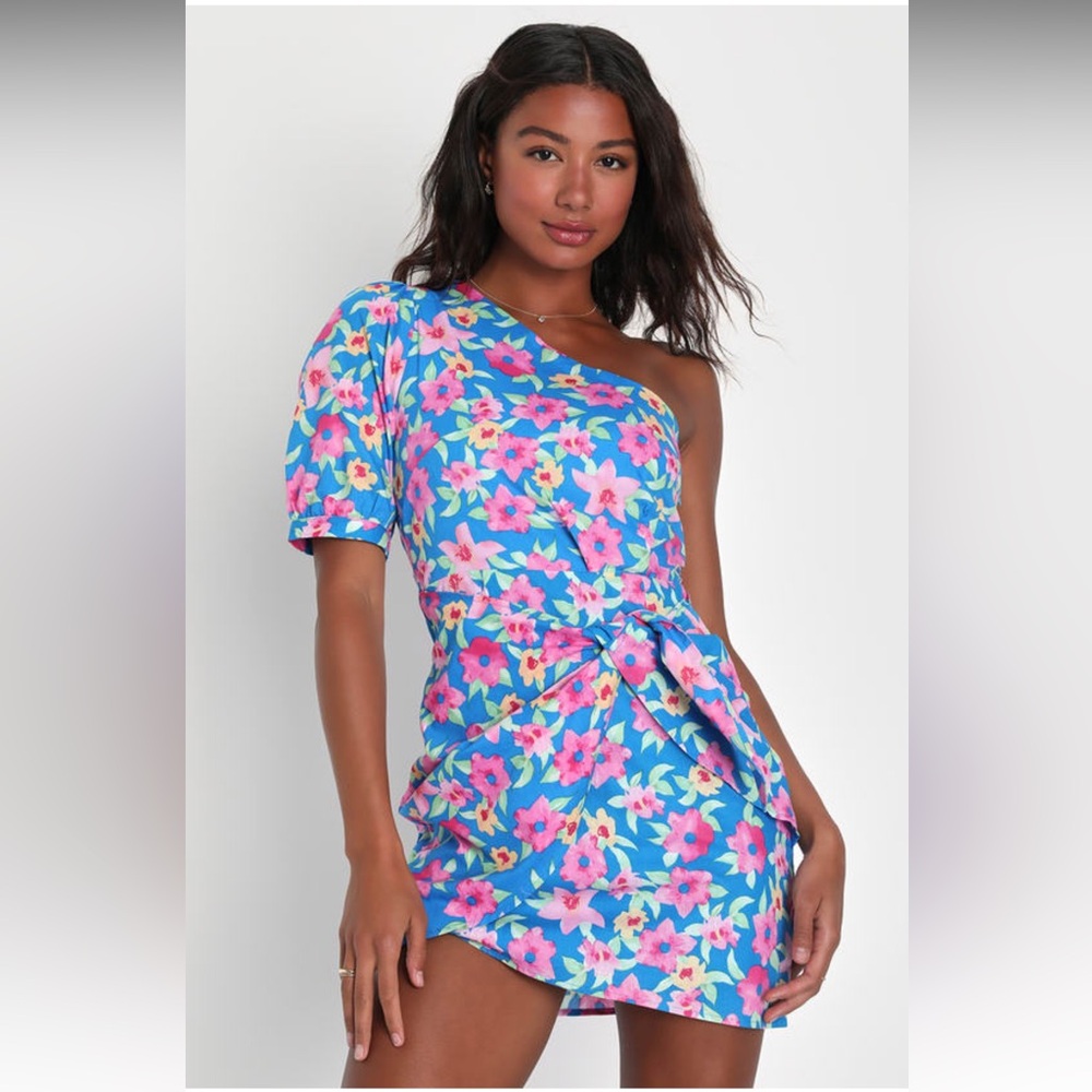 Lulu’s Thoroughly Sweet Blue Floral Print One-Shoulder Mini Dress